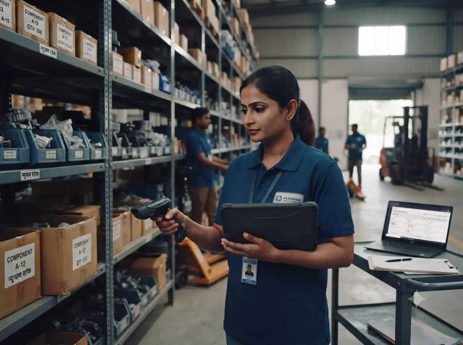 Storekeeper scanning stock in a factory warehouse